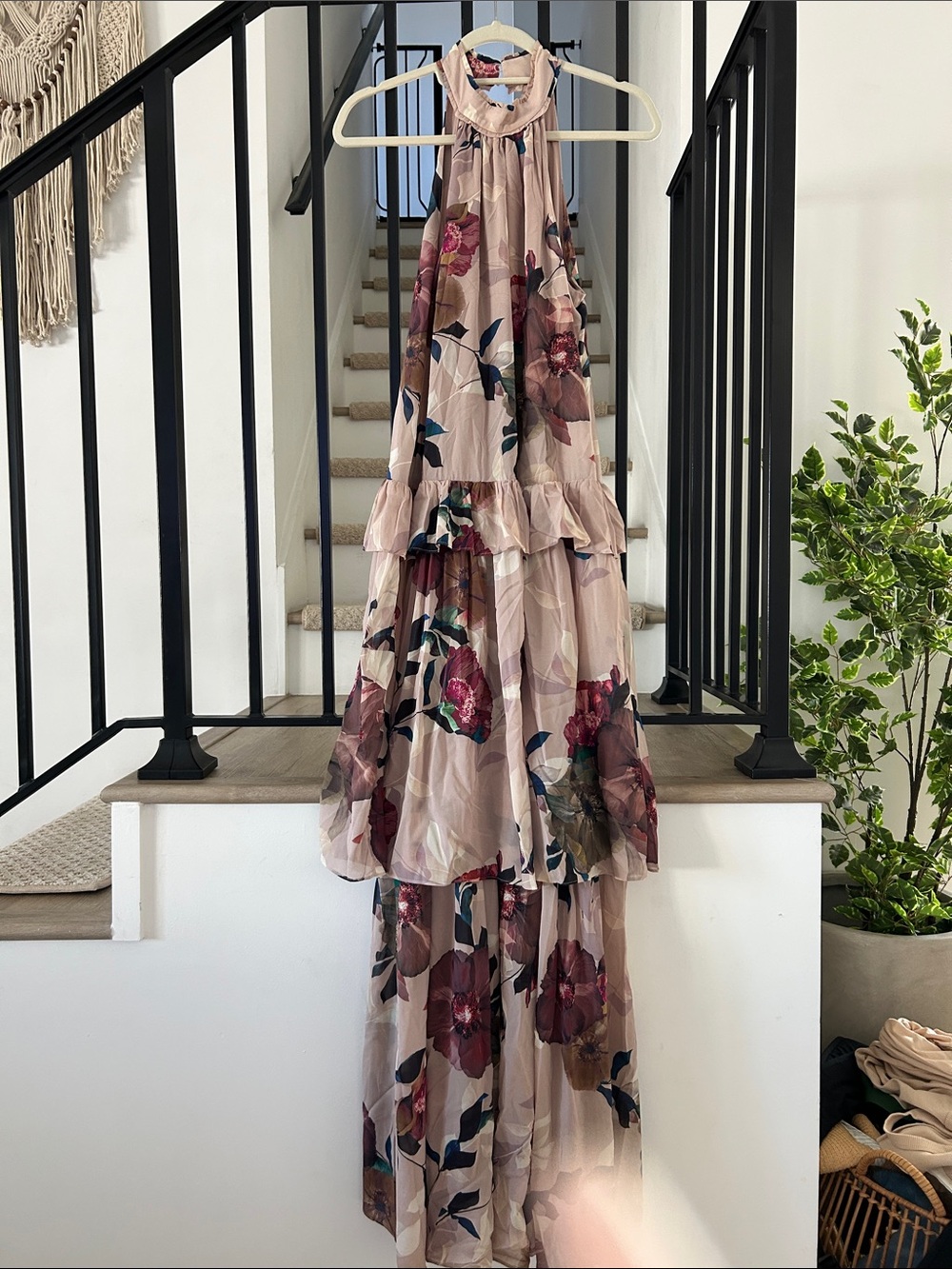 Trina Turk Blush Pink Floral Tiered Halter Maxi Dress